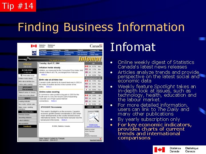 Tip #14 Finding Business Information Infomat • • • Online weekly digest of Statistics