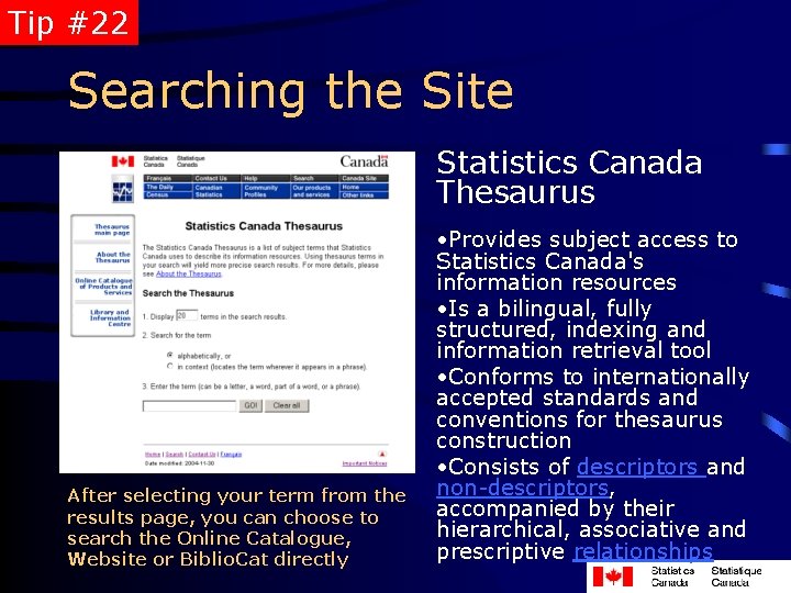 Tip #22 Searching the Site Statistics Canada Thesaurus After selecting your term from the