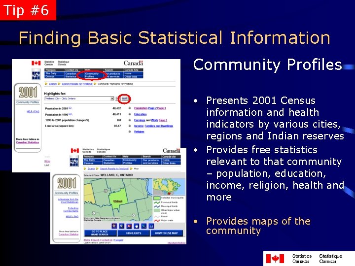 Tip #6 Finding Basic Statistical Information Community Profiles • Presents 2001 Census information and
