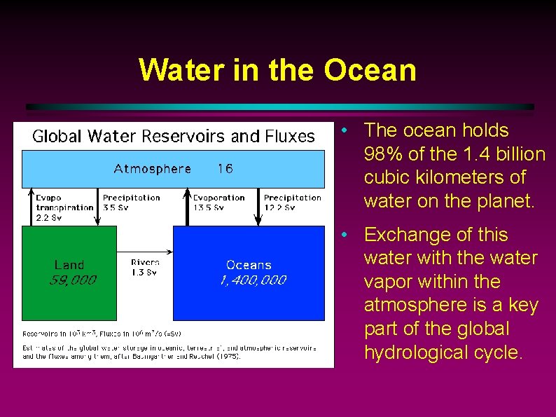 Water in the Ocean • The ocean holds 98% of the 1. 4 billion