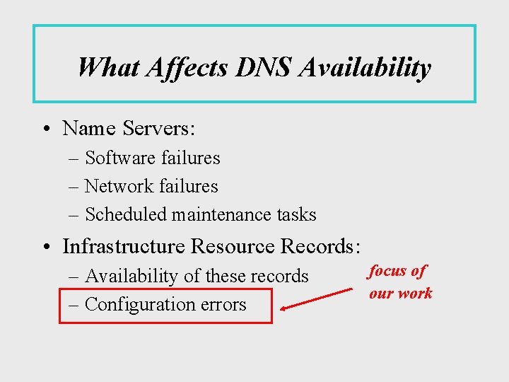 What Affects DNS Availability • Name Servers: – Software failures – Network failures –