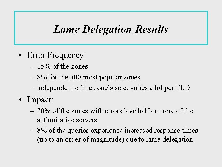 Lame Delegation Results • Error Frequency: – 15% of the zones – 8% for