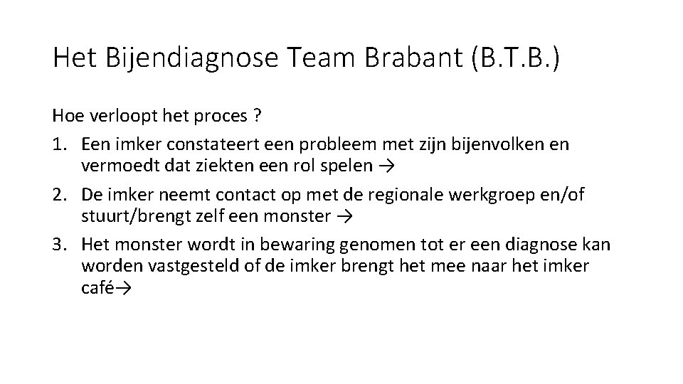 Het Bijendiagnose Team Brabant (B. T. B. ) Hoe verloopt het proces ? 1.