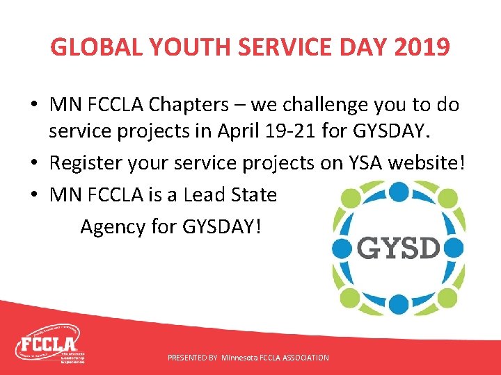 GLOBAL YOUTH SERVICE DAY 2019 • MN FCCLA Chapters – we challenge you to