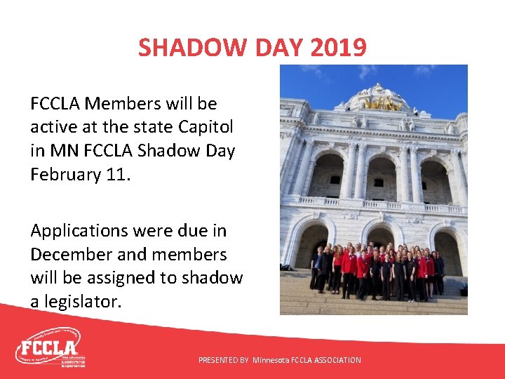 SHADOW DAY 2019 FCCLA Members will be active at the state Capitol in MN