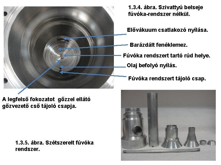 1. 3. 4. ábra. Szivattyú belseje fúvóka-rendszer nélkül. Elővákuum csatlakozó nyílása. Barázdált fenéklemez. Fúvóka