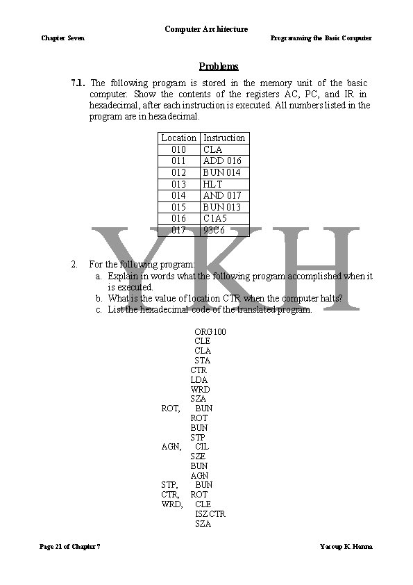 Computer Architecture Chapter Seven Programming the Basic Computer Problems 7. 1. The following program