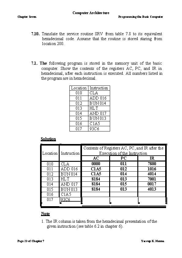 Computer Architecture Chapter Seven Programming the Basic Computer 7. 10. Translate the service routine