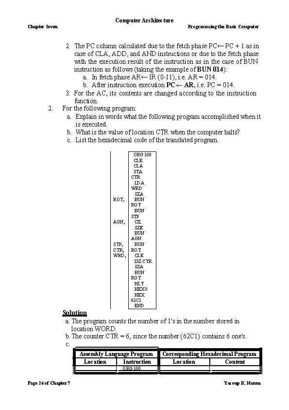 Computer Architecture Chapter Seven 2. Programming the Basic Computer 2. The PC column calculated