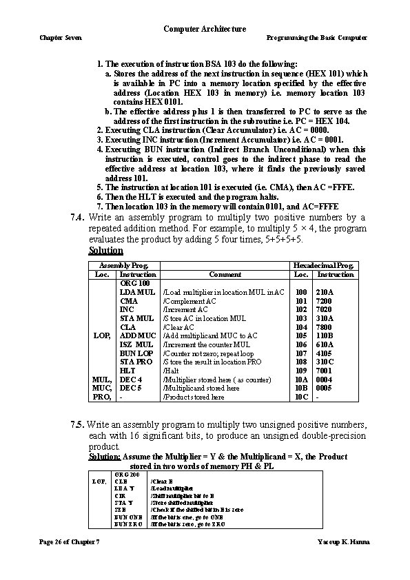Computer Architecture Chapter Seven Programming the Basic Computer 1. The execution of instruction BSA