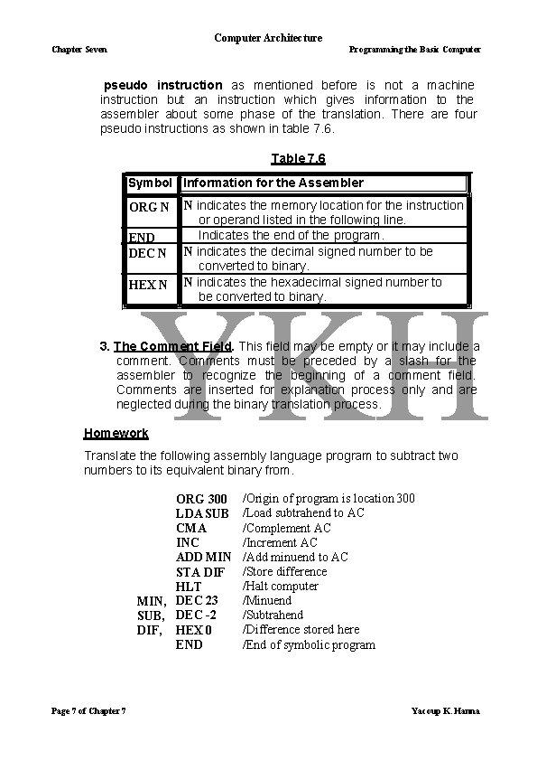Computer Architecture Chapter Seven Programming the Basic Computer pseudo instruction as mentioned before is
