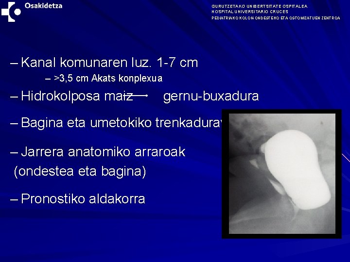 GURUTZETAKO UNIBERTSITATE OSPITALEA HOSPITAL UNIVERSITARIO CRUCES PEDIATRIAKO KOLON-ONDESTEKO ETA OSTOMIZATUEN ZENTROA – Kanal komunaren