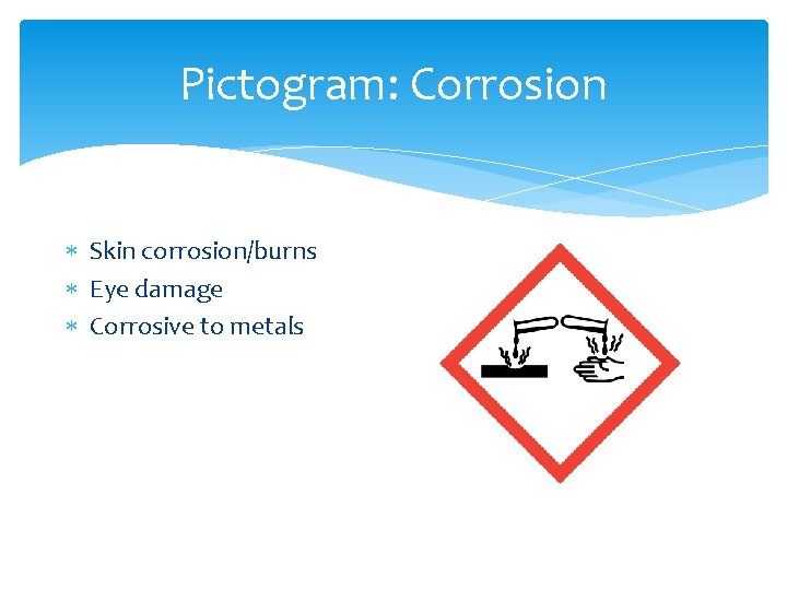 Pictogram: Corrosion Skin corrosion/burns Eye damage Corrosive to metals Pictogram: Corrosion Skin corrosion/burns Eye damage Corrosive to metals