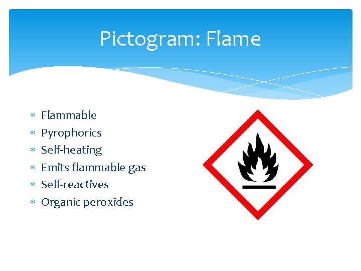 Pictogram: Flame Flammable Pyrophorics Self-heating Emits flammable gas Self-reactives Organic peroxides Pictogram: Flame Flammable Pyrophorics Self-heating Emits flammable gas Self-reactives Organic peroxides