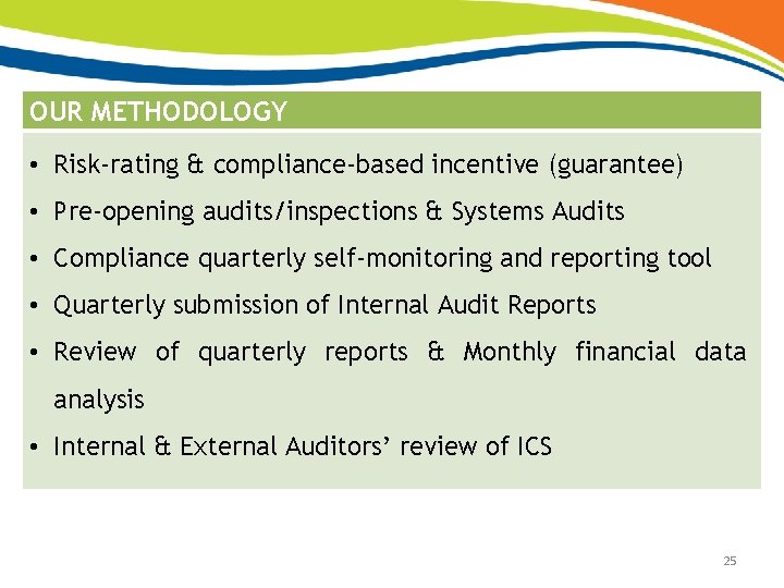 OUR METHODOLOGY • Risk-rating & compliance-based incentive (guarantee) • Pre-opening audits/inspections & Systems Audits