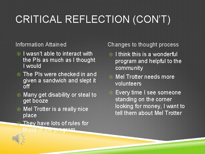 CRITICAL REFLECTION (CON’T) Information Attained I wasn’t able to interact with the PIs as