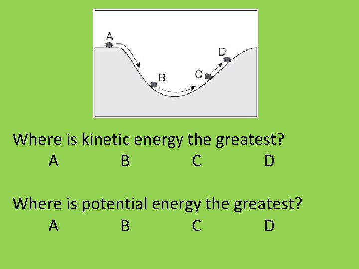 Where is kinetic energy the greatest? A B C D Where is potential energy
