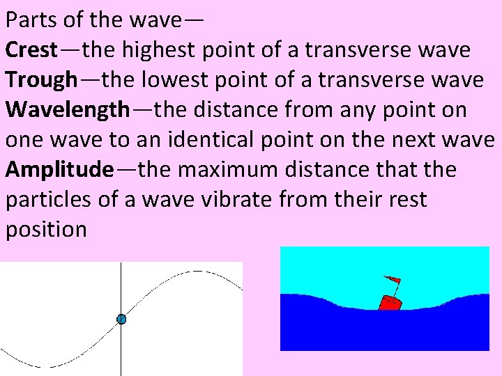 Parts of the wave— Crest—the highest point of a transverse wave Trough—the lowest point