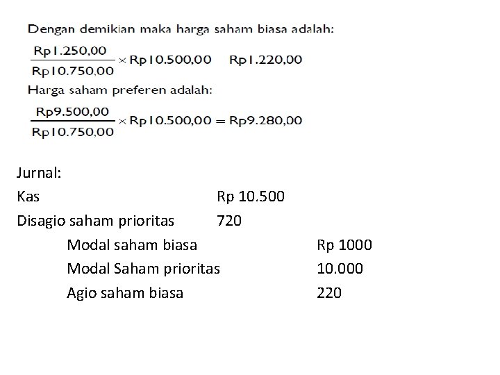 Jurnal: Kas Rp 10. 500 Disagio saham prioritas 720 Modal saham biasa Modal Saham