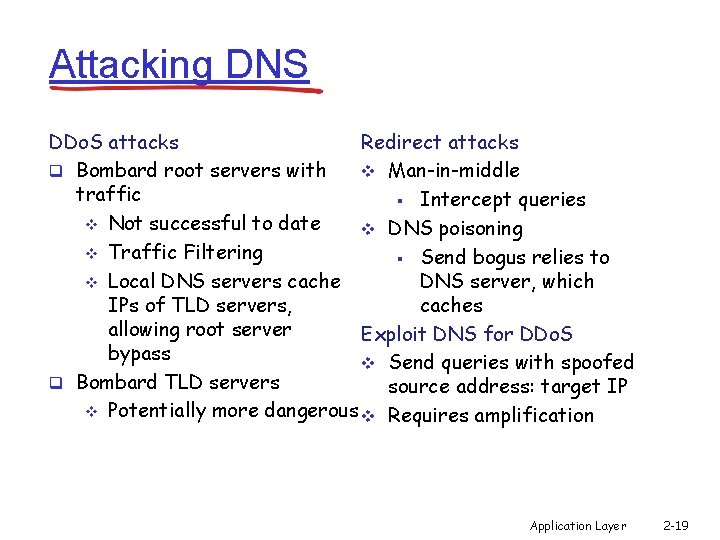 Attacking DNS DDo. S attacks Redirect attacks q Bombard root servers with v Man-in-middle