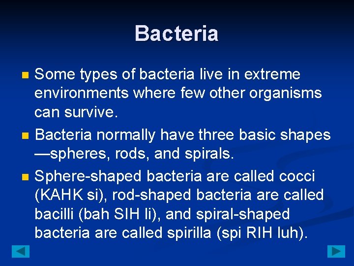 Bacteria n n n Some types of bacteria live in extreme environments where few