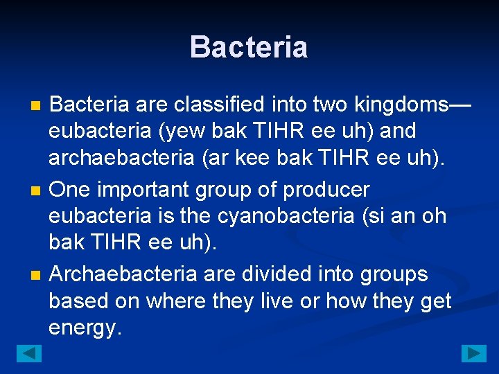 Bacteria n n n Bacteria are classified into two kingdoms— eubacteria (yew bak TIHR