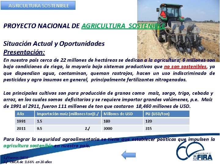AGRICULTURA SOSTENIBLE PROYECTO NACIONAL DE AGRICULTURA SOSTENIBLE Situación Actual y Oportunidades Presentación: En nuestro