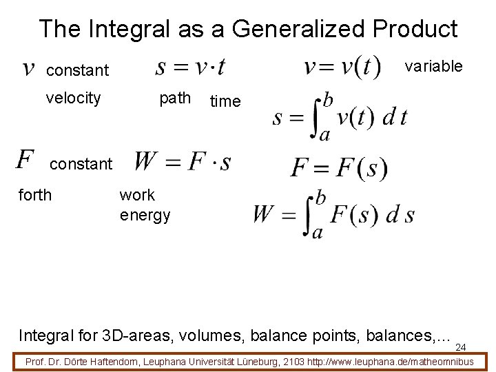 The Integral as a Generalized Product variable constant velocity path time constant forth work