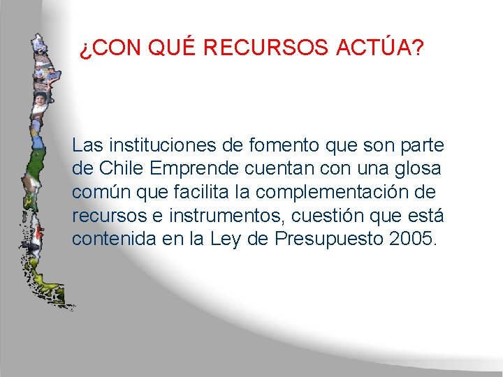 ¿CON QUÉ RECURSOS ACTÚA? Las instituciones de fomento que son parte de Chile Emprende