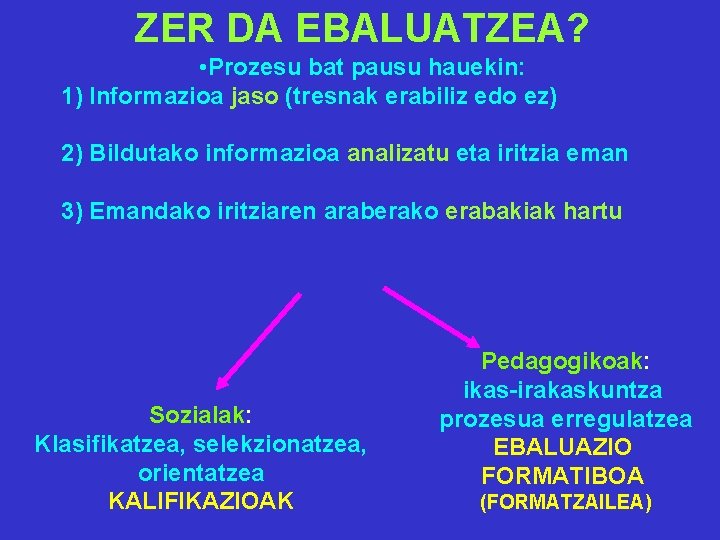 ZER DA EBALUATZEA? • Prozesu bat pausu hauekin: 1) Informazioa jaso (tresnak erabiliz edo