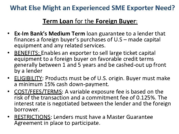 What Else Might an Experienced SME Exporter Need? Term Loan for the Foreign Buyer: