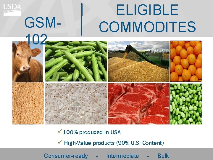 ELIGIBLE COMMODITES GSM 102 ü 100% produced in USA ü High-Value products (90% U.