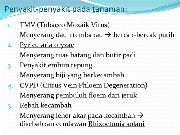 Penyakit-penyakit pada tanaman: TMV (Tobacco Mozaik Virus) Menyerang daun tembakau bercak-bercak putih 2. Pyricularia