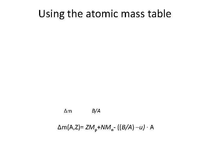 Using the atomic mass table Δm B/A Δm(A, Z)= ZMp+NMn- ((B/A) –u) · A