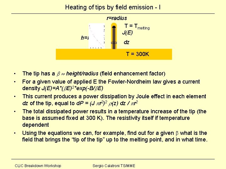 Heating of tips by field emission - I h=height r=radius T = Tmelting J(E)