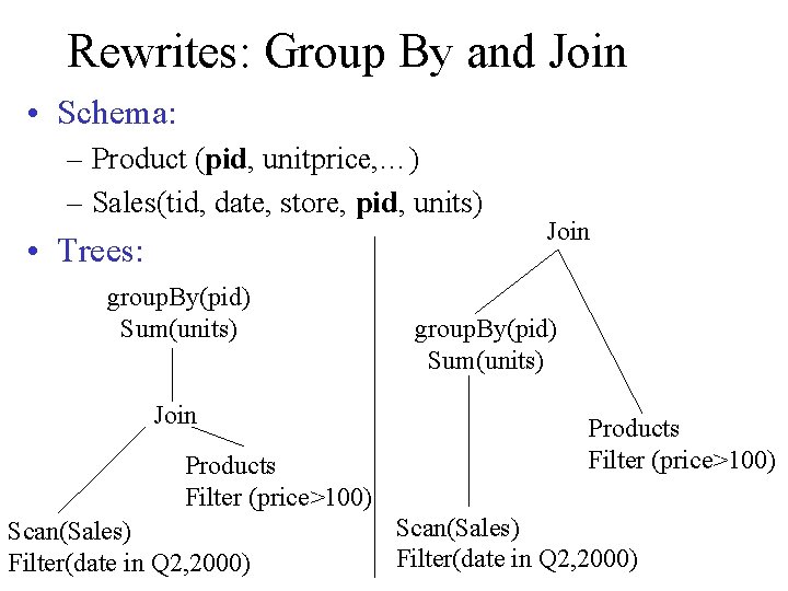 Rewrites: Group By and Join • Schema: – Product (pid, unitprice, …) – Sales(tid,