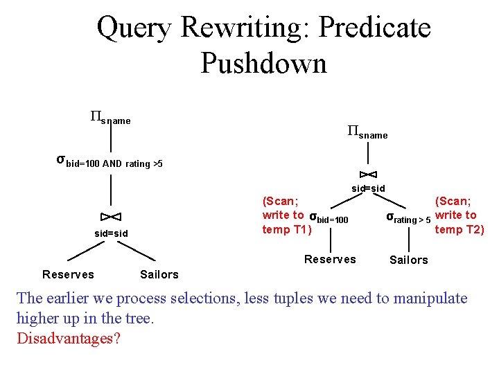 Query Rewriting: Predicate Pushdown Psname σbid=100 AND rating >5 sid=sid (Scan; write to σbid=100
