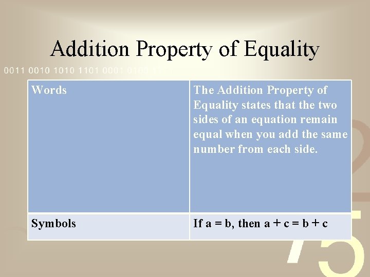 Addition Property of Equality Words The Addition Property of Equality states that the two