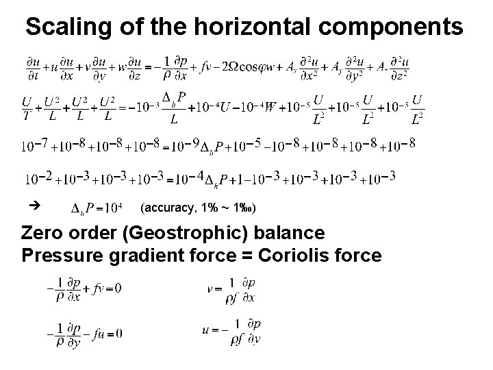 Scaling of the horizontal components (accuracy, 1% ~ 1‰) Zero order (Geostrophic) balance Pressure
