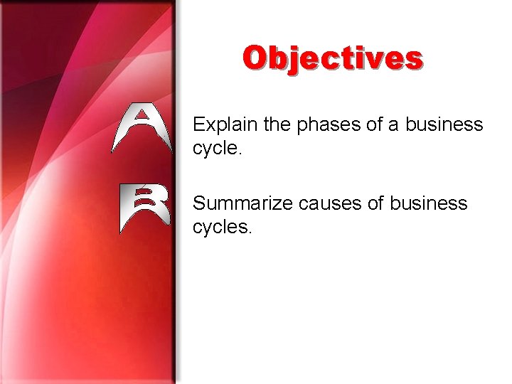 Objectives Explain the phases of a business cycle. Summarize causes of business cycles. 