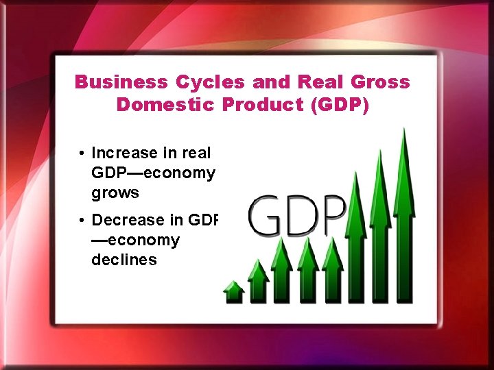 Business Cycles and Real Gross Domestic Product (GDP) • Increase in real GDP—economy grows