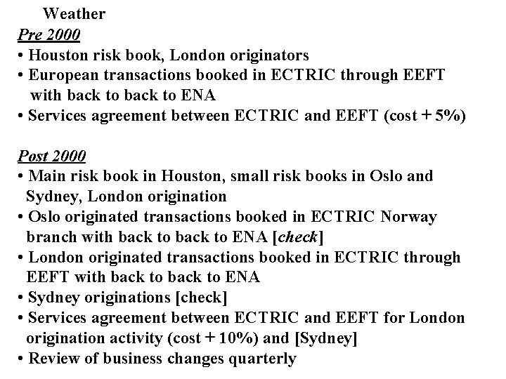 Weather Pre 2000 • Houston risk book, London originators • European transactions booked in