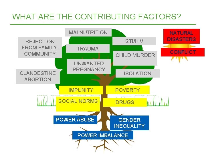 WHAT ARE THE CONTRIBUTING FACTORS? MALNUTRITION REJECTION FROM FAMILY, COMMUNITY CLANDESTINE ABORTION STI/HIV TRAUMA