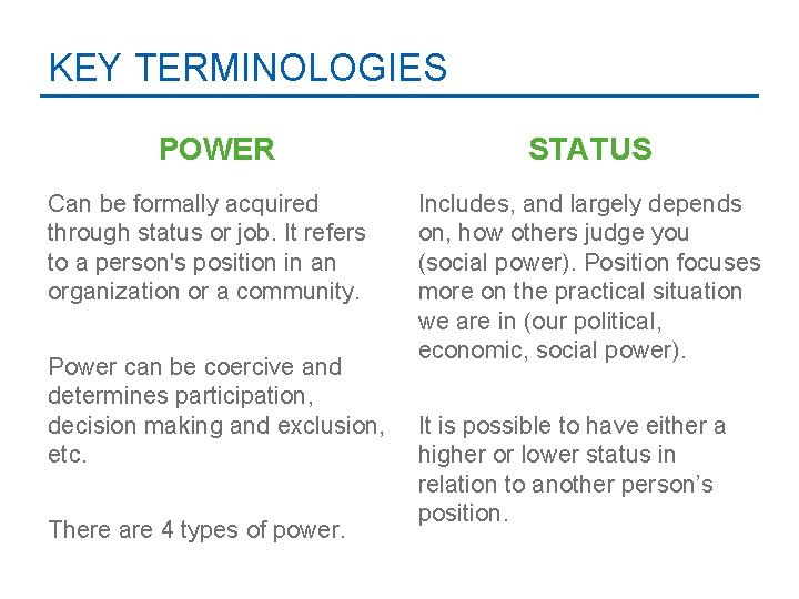 KEY TERMINOLOGIES POWER Can be formally acquired through status or job. It refers to