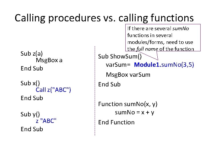 Calling procedures vs. calling functions Sub z(a) Msg. Box a End Sub x() Call