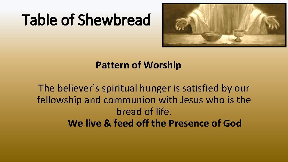 Table of Shewbread Pattern of Worship The believer's spiritual hunger is satisfied by our