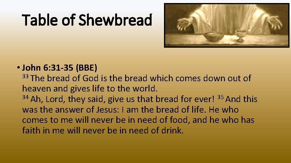 Table of Shewbread • John 6: 31 -35 (BBE) 33 The bread of God