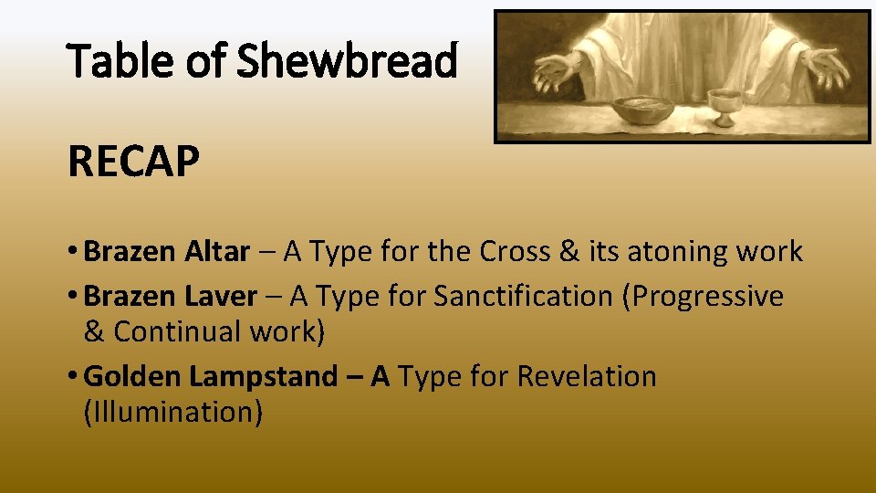 Table of Shewbread RECAP • Brazen Altar – A Type for the Cross &