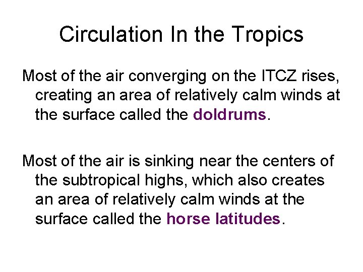 Circulation In the Tropics Most of the air converging on the ITCZ rises, creating