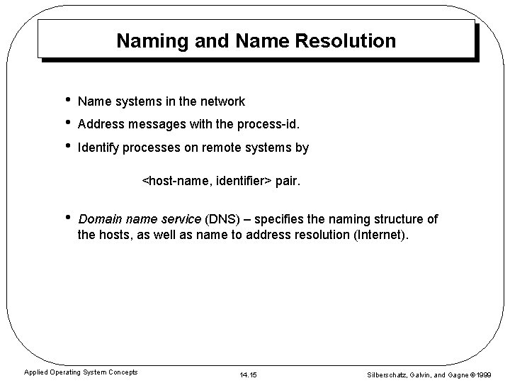 Naming and Name Resolution • • • Name systems in the network Address messages